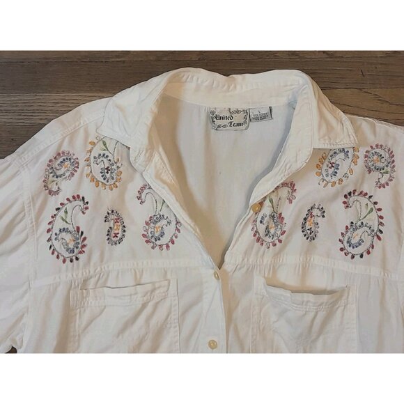 Womens Denim Paisley Embroidered Western Casual Rodeo Button Down Shirt Large - Picture 2 of 11